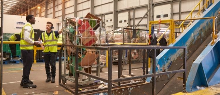 personas trabajando en planta industrial de reciclaje